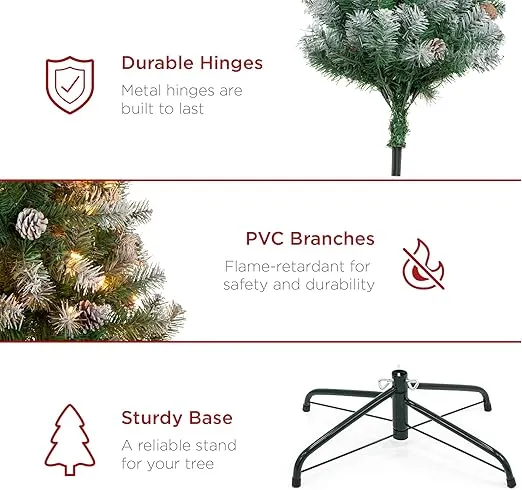 Best Choice Products 6ft Pre-Lit Pre-Decorated Pine Hinged Artificial Christmas Tree w/ 1,000 Flocked Frosted Tips, 59 Pine Cones, 250 Lights, Metal Base