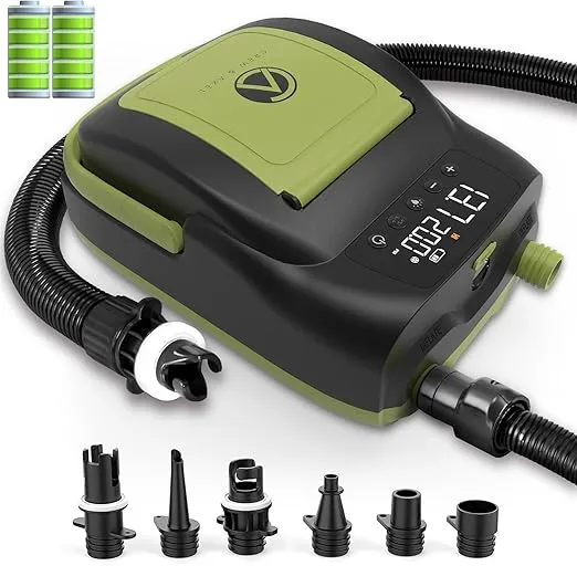 Crew & Axel Rechargable Electric Paddle Board Pump (Wireless) – (20PSI, 12V) Portable Air Compressor Also for Inflatable SUP, Kayaks, Pools, Boats, Stand up Boards - 6000 MAH Battery Green