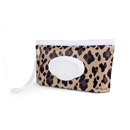 Itzy Ritzy Travel Wipes Case - Reusable Wipe Pouch – Take & Travel Pouch Holds Up To 30 Wet Wipes, Includes Silicone Wristlet Strap, Leopard