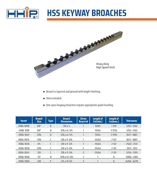 HHIP 2006-1024 3/16 Inch C HSS Keyway Broach with 1 Shim