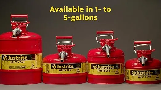 Justrite 2 Gallon Type II Red Safety Gas Can for Gasoline with Flame Arrester, Self-Closing Lid, and 5/8" Flexible Metal Spout, Made in the USA, Galvanized Steel Flammable Storage Can, 7220120