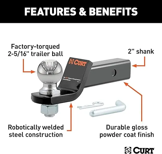 CURT 45041 Trailer Hitch Mount with 2-5/16-Inch Ball & Pin, Fits 2-Inch Receiver, 7,500 lbs, 2-In Drop, Gloss Black Powder Coat