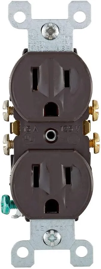 Leviton 5320 15 Amp, 125 Volt, Duplex Receptacle, Residential Grade, Grounding, All Screws Backed Out, Brown