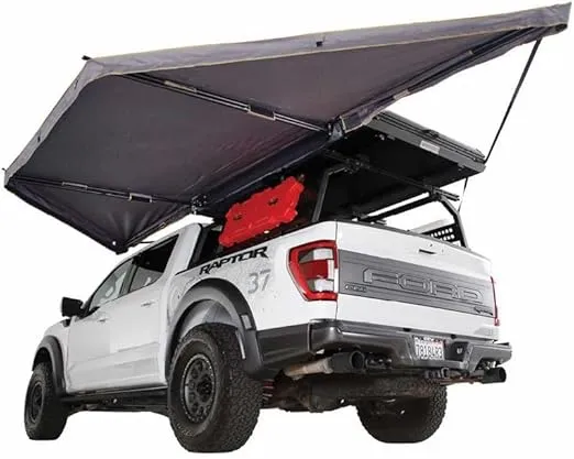 Overland Vehicle Systems HD Nomadic 180 LTE Awning - Dark Grey Body with 1000G PVC Black Travel Cover - Universal Vehicle Fitment - Brackets and Hardware Included
