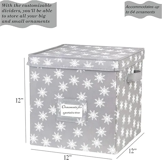 HOLDN’ STORAGE Christmas Ornament Storage Box with Lid - Christmas Decor Storage Containers that Store up to 64 Holiday Ornaments - Grey/White Snowflakes