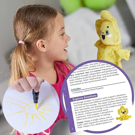 hand2mind Feelings Family Hand Puppets, Hand Puppets for Kids, Social Skills Activities, Mindfulness for Kids, Social Emotional Learning Activities, Sensory Play Therapy Toys for Counselors (Set of 5)