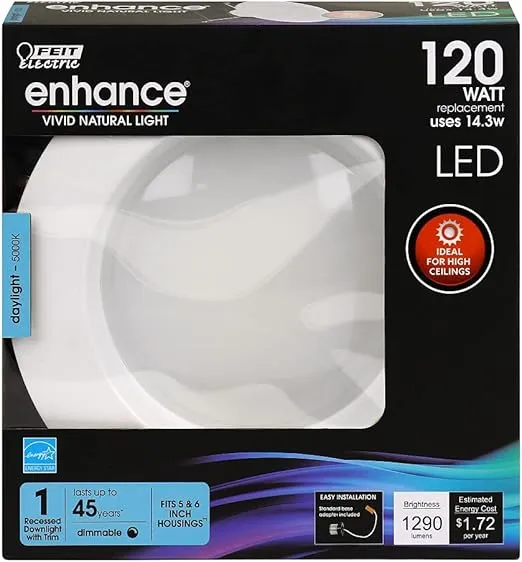 Feit Electric 5,6 inch LED Recessed Downlight, Pre,Mounted Trim, Standard E26 Base Adapter, Dimmable High Output 120W Equivalent, 1290 Lumens, 45 Year Life, 5000K Daylight - LEDR56HO/950CA