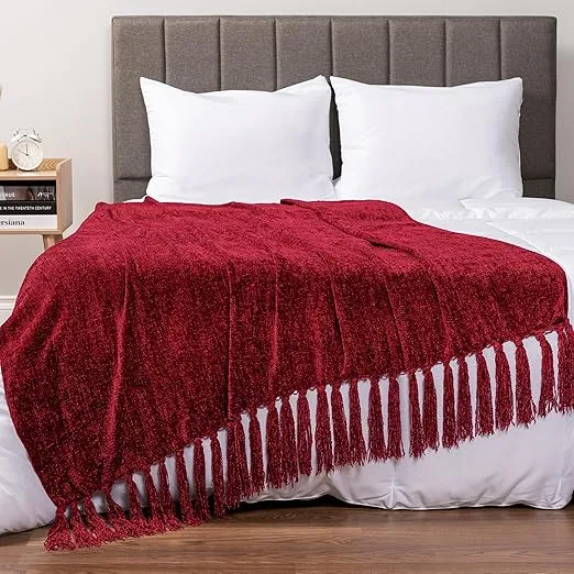 PAVILIA Burgundy Red Throw Blanket for Couch, Twin Size Bed, Chenille Blanket for Sofa Bed, Soft Knit Woven Maroon Blanket with Tassel, Decorative Textured Blanket for Living Room, Wine Red 60x80