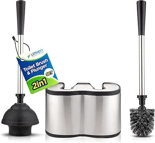 UMIEN Toilet Brush and Plunger Set - Updated 2025 Stainless Steel Plunger and Toilet Brush Combo with Freestanding Canister - Bathroom Cleaning Accessories