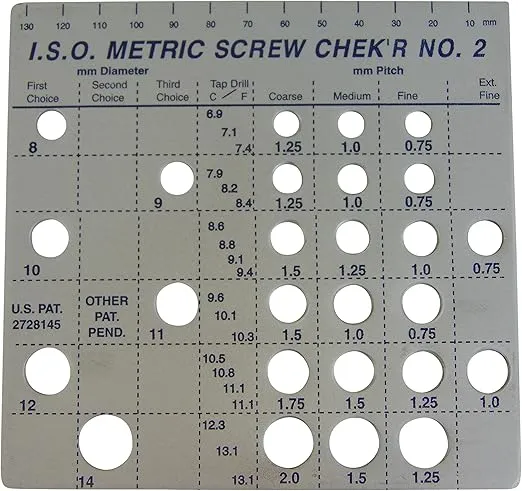 Screw Chek'r Metric Screw Thread Size Gauge No. 2 (8MM to 14MM) 1/8 Inch Heavy Gauge Steel Screw Checker, Made In USA, chrome, 02130