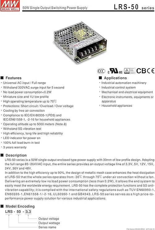 MeanWell LRS-50-24 Power Supply - 50W 24V