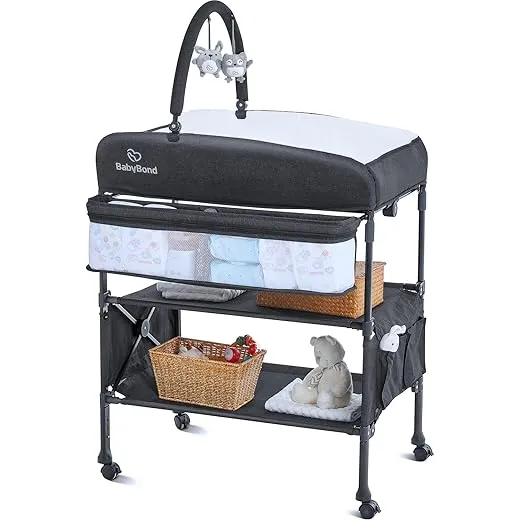 Portable Baby Changing Table, BabyBond Foldable Changing Table Dresser Waterproof Diaper Changing Table Height Adjustable Changing Station for Infant and Newborn(Grey)