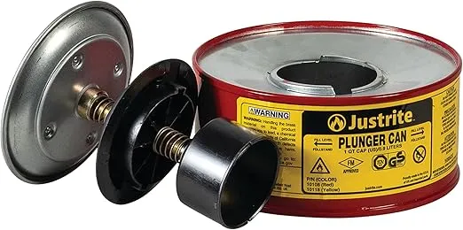 Justrite Plunger Can for Solvents, 1 Quart Capacity, 5.6" x 7.25" Steel Push-Down Solvent Dispenser Can, Made in the USA Industrial Mechanic Tools, Red, 10108