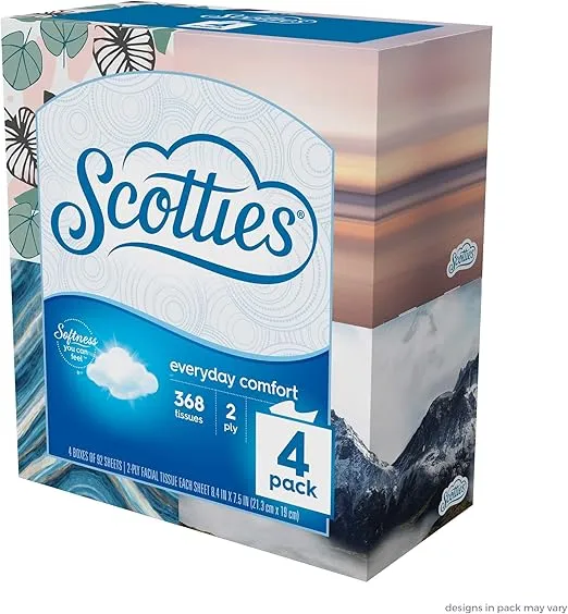 Scotties Everyday Comfort Facial Tissues, 2-Ply, 92 Tissues Per Box, (Pack of 4)