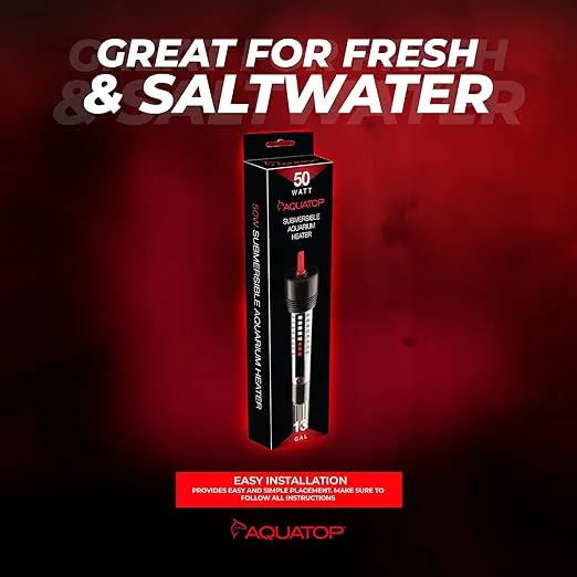 Aquatop 50W Aquarium Submersible Glass Heater – Fully Submersible For Fish Tanks Up To 13 Gallons, 68-93F Adjustable Temperature Range, Fresh & Saltwater Use, Aquarium Heaters, GH-50