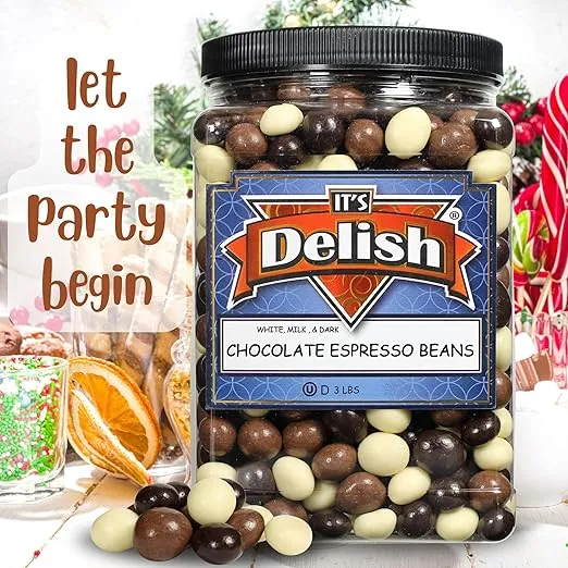 Gourmet Chocolate Covered Espresso Beans Medley by Its Delish, 3 LBS Jumbo Reusable Container – Mix of Dark, Milk & White Chocolate Covered Roasted Coffee Beans | Chocolate Candy Snack | Kosher Dairy