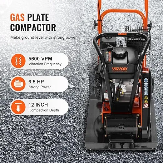 VEVOR 6.5HP Plate Compactor, 196CC Gas Engine, 4200 lbs Vibratory Compaction Tamper, 22.1x15.9 in Plate Power Jumping Jack Tamper, 5600 VPM Pavement Compactor for Walkways, Asphalts, Paver Landscaping