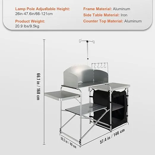 VEVOR Camping Kitchen Table, Folding Outdoor Cooking Table with Storage Carrying Bag, Aluminum Cook Station 1 Cupboard & Detachable Windscreen, Quick Set-up for Picnics, BBQ, RV Traveling, Black