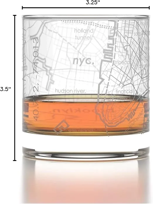 Engraved New York City Map Rocks Glass, Old Fashioned Whiskey Glass (11 oz, Clear) Etched Whiskey Glass, Gifts For Whiskey Lovers