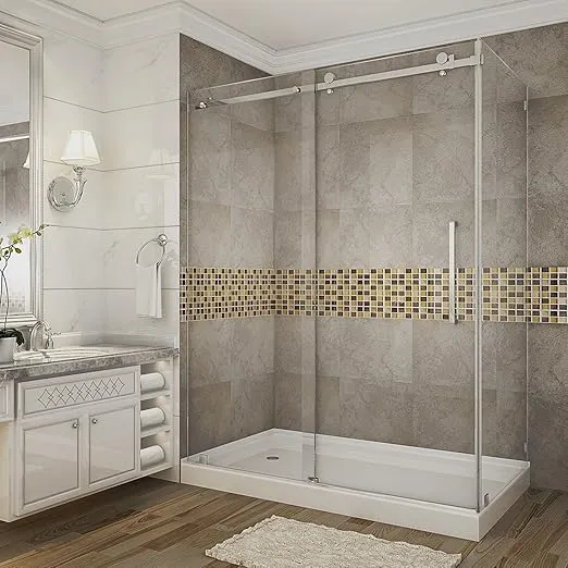 Aston Moselle 60" x 35" x 77.5" Completely Frameless Sliding Shower Door Enclosure with Left Drain Base, Polished Chrome