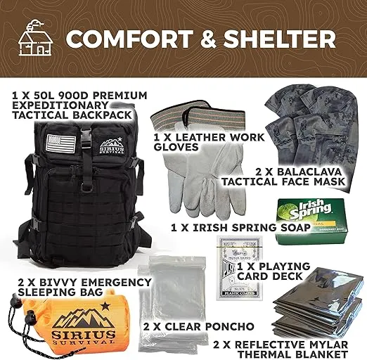 Sirius: Pre-Packed Bug Out Bag - 72 Hour Kit for 2 People - Bugout Backpack Survival Kit - Premium 50L Go Bag Tactical Backpack - Essential Bug Out Gear - Upgraded Survival Backpack