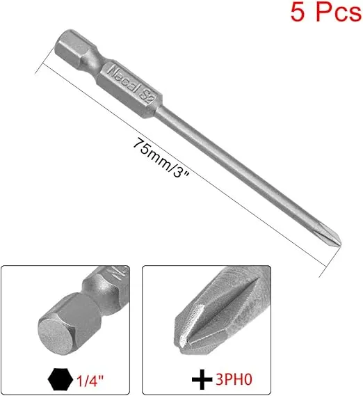 uxcell 5 Pcs 3mm PH0 Magnetic Phillips Screwdriver Bits, 1/4 Inch Hex Shank 3-inch Length S2 Power Tool