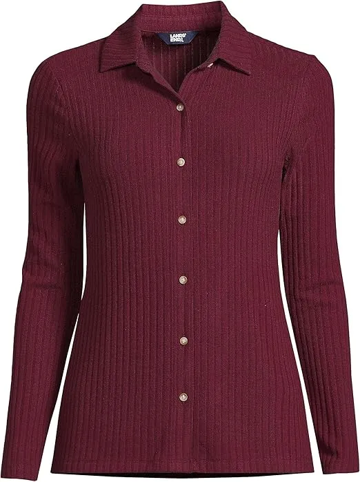 Lands' End Women's Long Sleeve Wide Rib Button Front Polo