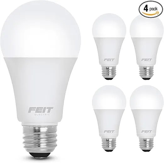 Feit Electric A19 LED Light Bulb, 60W Equivalent, Dimmable, 800 Lumens, E26 Medium Base, 3000K Bright White, CRI 90, 25,000 Hour Lifetime, UL Listed, Damp Rated, 4 Pack, OM60DM/930CA/4