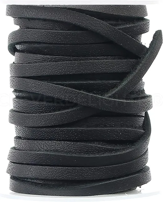 CleverDelights Black 1/8" Leather Flat Cord - 25 Feet - 3.5mm Genuine Leather Strap