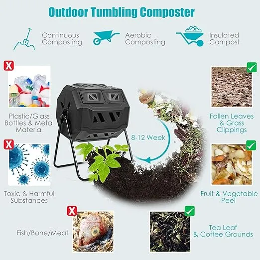 COOURIGHT 43 Gallon (163L) Composting Tumbler, Dual Chamber Rotating Compost Bin w/Sliding Doors & Stable Metal Frame, 360° Rotation, Outdoor Tumbling Composter w/Operation Gloves for Garden, Yard