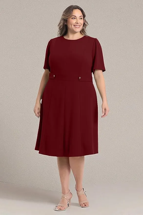 London Times Women's Knit Eyelet Short Sleeve Crepe Inset Waist Midi with Button Detail