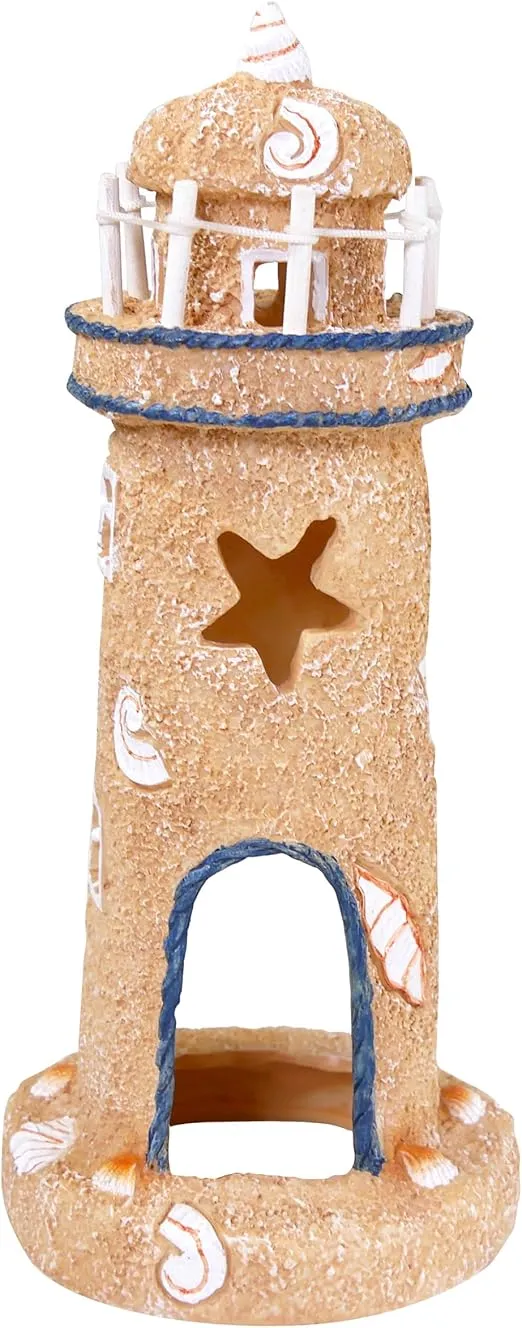 Penn-Plax Deco-Replicas Sand & Seashell Lighthouse Aquarium Ornament – Safe for Freshwater and Saltwater Tanks – Medium Size (RR1052)