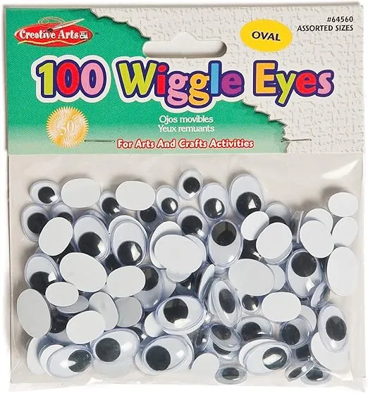 Charles Leonard Wiggle Eyes - Oval - Assorted Sizes- 10,12 &15MM, Black, 100/Bag, 64560