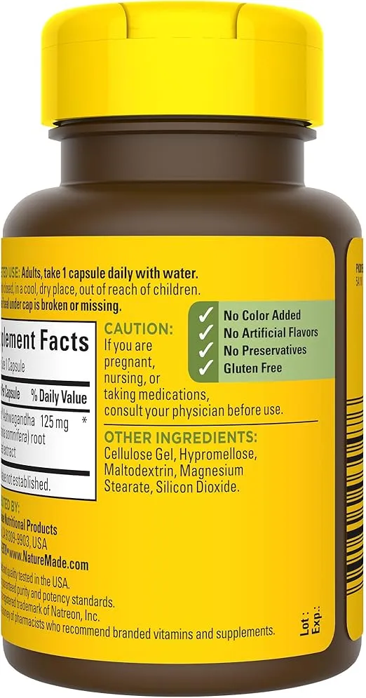 Nature Made Ashwagandha Capsules 125mg for Stress Support, 60 Capsules, 60 Day Supply