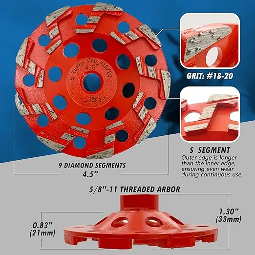 4.5" High Performance Diamond Grinding Wheels for Aggressive Concrete, Paint, Epoxy, Mastic, Coating Removal, #18/20 Grit, S Segments, 5/8"-11 Arbor