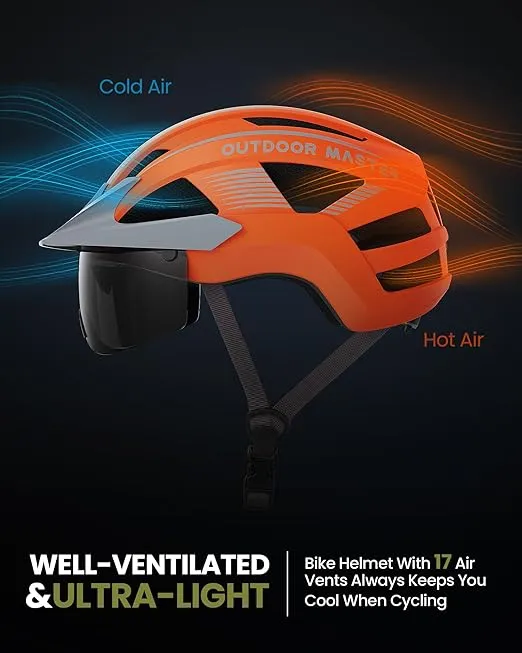 OutdoorMaster Adult Bike Helmet - Bicycle Helmet with Rechargeable Rear LED Light, Detachable Magnetic Goggles, Removable Sun Visor - Suitable for Commuting and Cycling for Men and Women