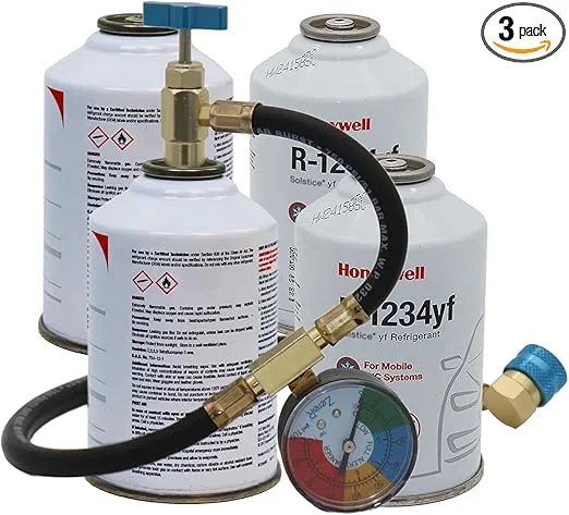 ZeroR® R1234YF Refrigerant Recharge Kit | 24" HD Can Tap Gauge | 8oz R1234YF (4 Cans)