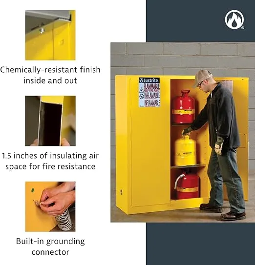 Justrite 2 Gallon Manual Close Countertop Flammable Storage Cabinet, 18 Gauge Steel, 1 Shelf, 1 Door Fire Cabinet, 22" x 17" x 8, Made in The USA, Yellow, 890200
