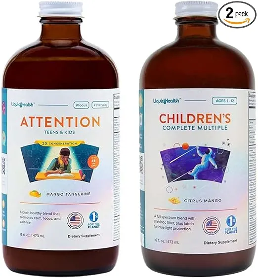 LIQUIDHEALTH Children's Attention & Focus Liquid Vitamin Bundle with Children's Complete Multiple, Attention Teens & Kids Supplement - Liquid Vitamins for Kids, Immune Support, Improves Focus, Non-GMO