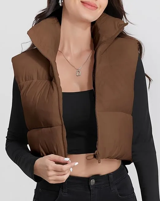 Womens Padded Crop Vest High Stand Collar Lightweight Zip Crop Puffer Gilet