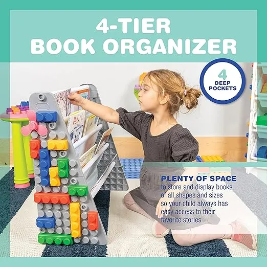 UNiPLAY Kids 4-Tier Book Storage Organizer with Sling Book Pockets, Plastic Sling Rack Bookshelf for Playroom, Fits Blocks, Gray/Pastel