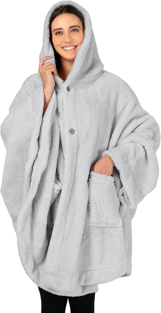 PAVILIA Angel Wrap Hooded Blanket Poncho, Wearable Blanket Throw Wrap Poncho for Women Adult, Cozy Fluffy Sherpa Shawl Cape