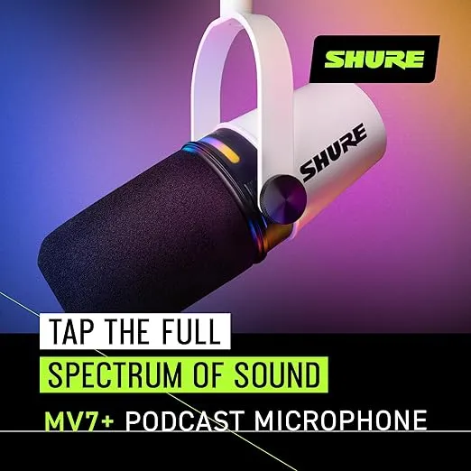 Shure MV7+ Podcast Dynamic Microphone. OBS Certified, Enhanced Audio, LED Touch Panel, USB-C & XLR Outputs, Auto Level Mode, Digital Pop Filter, Reverb Effects, Podcasting, Streaming, Recording -White