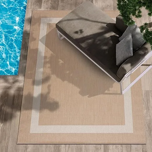 CAMILSON Outdoor Rug - Modern Area Rugs for Large Indoor and Outdoor patios, Kitchen and Hallway mats - Washable Outside Carpet (10x14, Bordered - Beige/White)