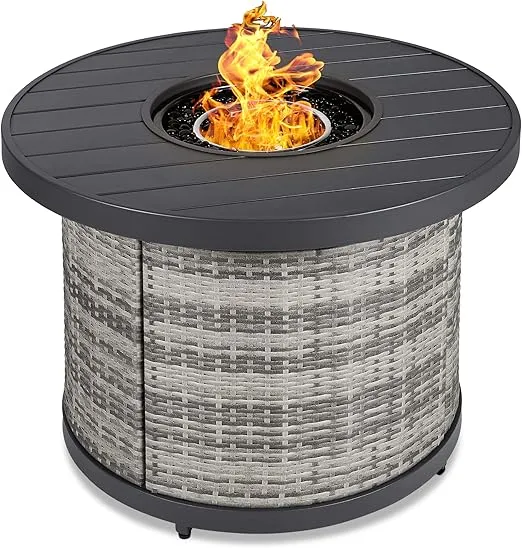 Best Choice Products 32in Round Gas Fire Pit Table, 50,000 BTU Outdoor Wicker Patio Propane Firepit w/Faux Wood Table Top, Glass Beads, Cover, Hideaway Tank Holder, Lid - Gray