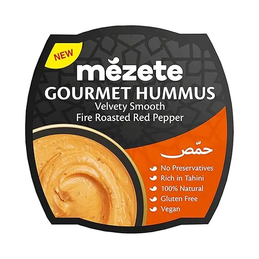 Mezete Fire Roasted Red Pepper Hummus, 100% All Natural Dips and Spreads, On the Go Tahini Rich Vegan Dip with No Preservatives, Gluten-Free, Shelf-Stable, and No Refrigeration Required, 7.5 Ounce