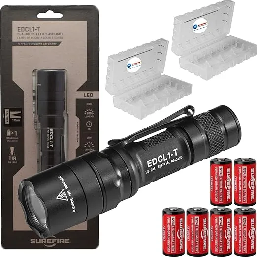 SureFire EDCL1-T 500 Lumen Tactical EDC Flashlight Bundle with 6 Extra Surefire CR123 and 2 Lightjunction Battery Cases