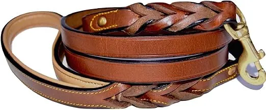 Leather Braided Dog Leash, Brown 6ft x 3/4 Inch, Naturally Tanned 6 Foot Full Grain Leather Lead