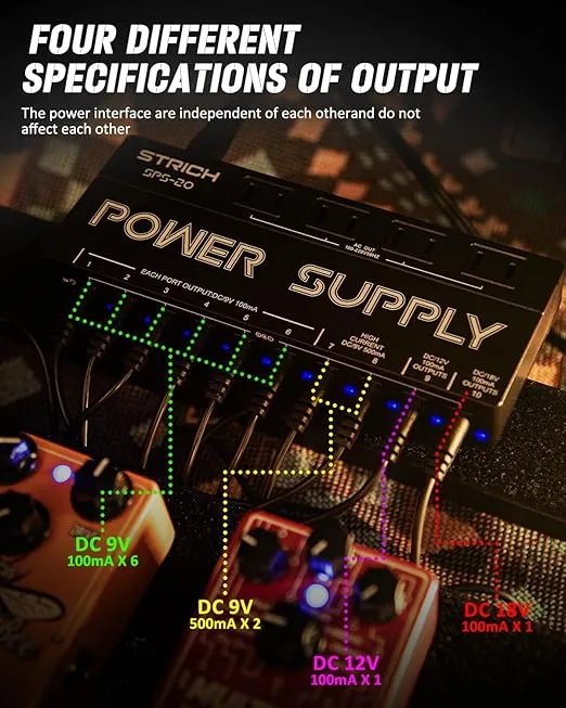 STRICH SPS-20 Guitar Power Supply 10 Isolated DC Output for 9V/12V/18V Effect Pedal