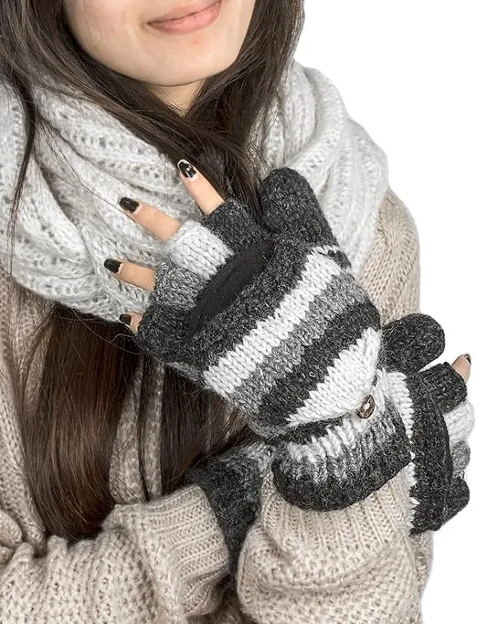 Tribe Azure Fair Trade Gloves Winter Women Warm, Wool Mittens Womens, Convertible mitten, Cable Knit Womens Mittens Fleece